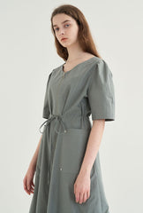 Cotton Poplin Zip-Front Midi Dress with Drawstring Waist and Short Puff Sleeves