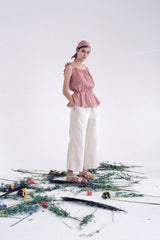 Gingham Linen Peplum Blouse with Ruffle Sleeves and Deep V-Back Tie Closure