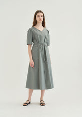 Cotton Poplin Zip-Front Midi Dress with Drawstring Waist and Short Puff Sleeves