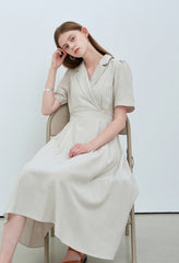 Elegant Short Sleeve Linen Midi Dress with Tailored Collar and Waist Tie Detail