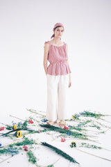 Gingham Linen Peplum Blouse with Ruffle Sleeves and Deep V-Back Tie Closure