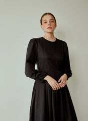 Structured Cotton Poplin Midi Dress with Long Puff Sleeves and Elegant Pleated Skirt