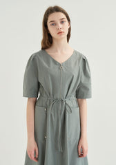 Cotton Poplin Zip-Front Midi Dress with Drawstring Waist and Short Puff Sleeves