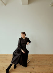 Structured Cotton Poplin Midi Dress with Long Puff Sleeves and Elegant Pleated Skirt