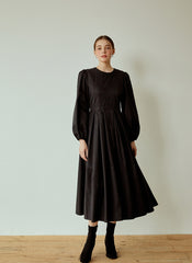 Structured Cotton Poplin Midi Dress with Long Puff Sleeves and Elegant Pleated Skirt