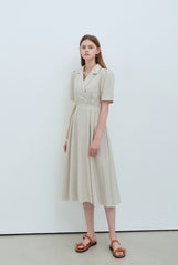 Elegant Short Sleeve Linen Midi Dress with Tailored Collar and Waist Tie Detail