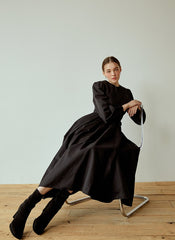 Structured Cotton Poplin Midi Dress with Long Puff Sleeves and Elegant Pleated Skirt