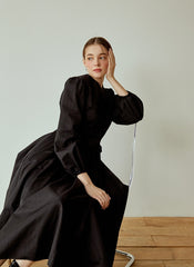 Structured Cotton Poplin Midi Dress with Long Puff Sleeves and Elegant Pleated Skirt