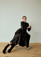 Structured Cotton Poplin Midi Dress with Long Puff Sleeves and Elegant Pleated Skirt