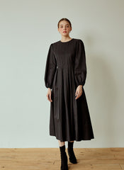 Structured Cotton Poplin Midi Dress with Long Puff Sleeves and Elegant Pleated Skirt