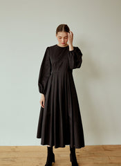 Structured Cotton Poplin Midi Dress with Long Puff Sleeves and Elegant Pleated Skirt