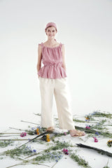 Gingham Linen Peplum Blouse with Ruffle Sleeves and Deep V-Back Tie Closure