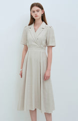 Elegant Short Sleeve Linen Midi Dress with Tailored Collar and Waist Tie Detail