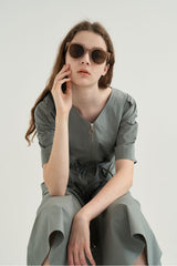 Cotton Poplin Zip-Front Midi Dress with Drawstring Waist and Short Puff Sleeves