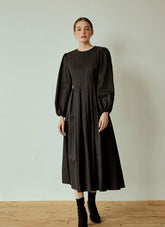 Structured Cotton Poplin Midi Dress with Long Puff Sleeves and Elegant Pleated Skirt