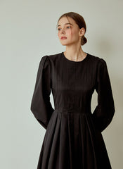 Structured Cotton Poplin Midi Dress with Long Puff Sleeves and Elegant Pleated Skirt