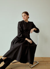 Structured Cotton Poplin Midi Dress with Long Puff Sleeves and Elegant Pleated Skirt