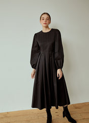 Structured Cotton Poplin Midi Dress with Long Puff Sleeves and Elegant Pleated Skirt