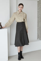 High-Waisted A-Line Linen Skirt for Women with Button-Down Front and Tailored Draping