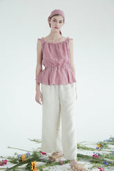 Gingham Linen Peplum Blouse with Ruffle Sleeves and Deep V-Back Tie Closure