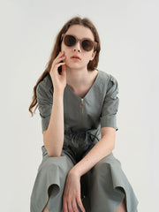 Cotton Poplin Zip-Front Midi Dress with Drawstring Waist and Short Puff Sleeves