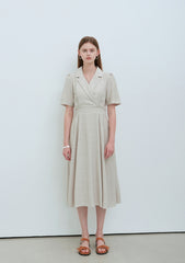 Elegant Short Sleeve Linen Midi Dress with Tailored Collar and Waist Tie Detail