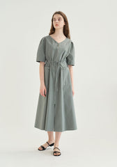 Cotton Poplin Zip-Front Midi Dress with Drawstring Waist and Short Puff Sleeves