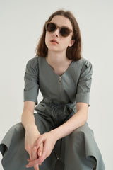 Cotton Poplin Zip-Front Midi Dress with Drawstring Waist and Short Puff Sleeves