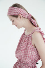 Gingham Linen Peplum Blouse with Ruffle Sleeves and Deep V-Back Tie Closure