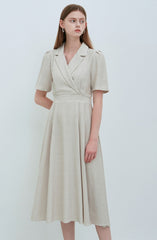 Elegant Short Sleeve Linen Midi Dress with Tailored Collar and Waist Tie Detail
