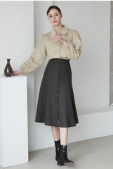 High-Waisted A-Line Linen Skirt for Women with Button-Down Front and Tailored Draping