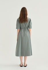 Cotton Poplin Zip-Front Midi Dress with Drawstring Waist and Short Puff Sleeves