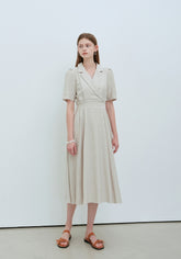 Elegant Short Sleeve Linen Midi Dress with Tailored Collar and Waist Tie Detail