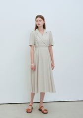 Elegant Short Sleeve Linen Midi Dress with Tailored Collar and Waist Tie Detail