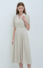 Elegant Short Sleeve Linen Midi Dress with Tailored Collar and Waist Tie Detail