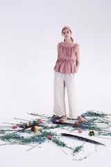 Gingham Linen Peplum Blouse with Ruffle Sleeves and Deep V-Back Tie Closure