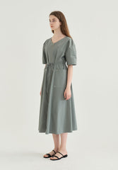 Cotton Poplin Zip-Front Midi Dress with Drawstring Waist and Short Puff Sleeves