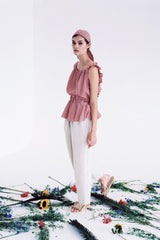 Gingham Linen Peplum Blouse with Ruffle Sleeves and Deep V-Back Tie Closure