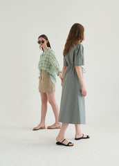 Cotton Poplin Zip-Front Midi Dress with Drawstring Waist and Short Puff Sleeves