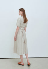 Elegant Short Sleeve Linen Midi Dress with Tailored Collar and Waist Tie Detail