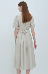 Elegant Short Sleeve Linen Midi Dress with Tailored Collar and Waist Tie Detail