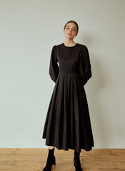 Structured Cotton Poplin Midi Dress with Long Puff Sleeves and Elegant Pleated Skirt