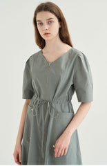 Cotton Poplin Zip-Front Midi Dress with Drawstring Waist and Short Puff Sleeves