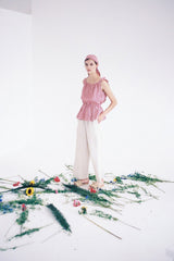 Gingham Linen Peplum Blouse with Ruffle Sleeves and Deep V-Back Tie Closure