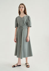 Cotton Poplin Zip-Front Midi Dress with Drawstring Waist and Short Puff Sleeves