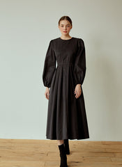 Structured Cotton Poplin Midi Dress with Long Puff Sleeves and Elegant Pleated Skirt