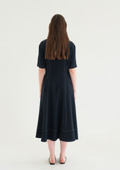 Short Sleeve Linen Blend Midi Dress with Contrast Stitching and Flared Hem Detail