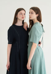 Short Sleeve Linen Blend Midi Dress with Contrast Stitching and Flared Hem Detail