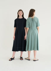 Short Sleeve Linen Blend Midi Dress with Contrast Stitching and Flared Hem Detail