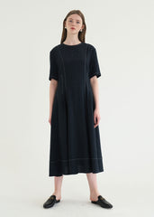 Short Sleeve Linen Blend Midi Dress with Contrast Stitching and Flared Hem Detail